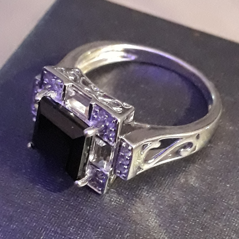 Black Square and Diamond Accented Ring 925 KCK 8
